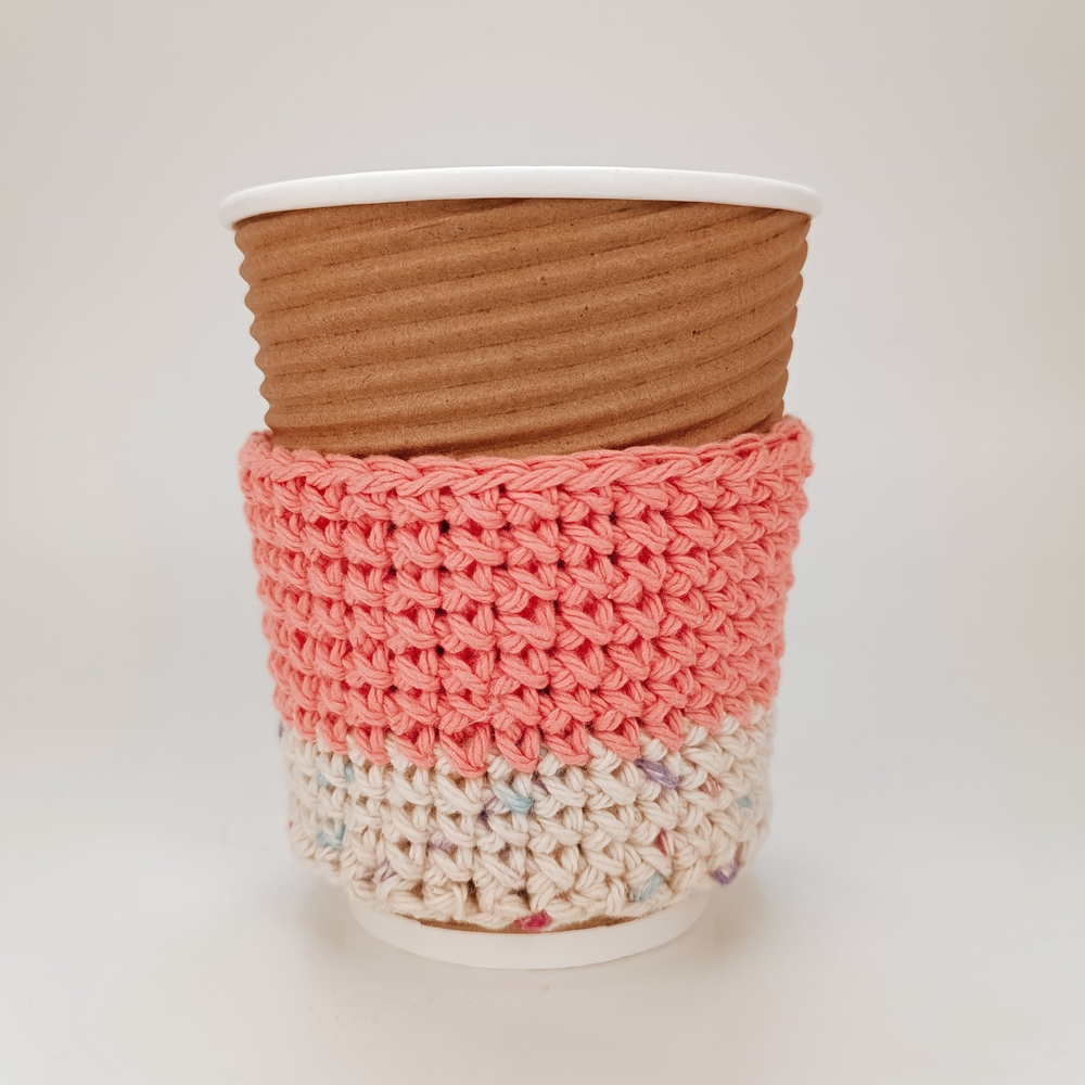 Handmade Crochet Coffee Sleeve - Pink and Cream